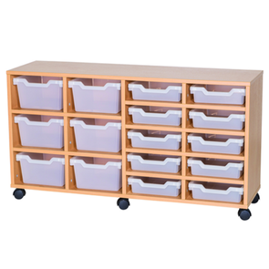 Mobile Quad Bay Cubby Tray Unit - 6 Deep Trays 10 Shallow Trays 650mm High - Educational Equipment Supplies