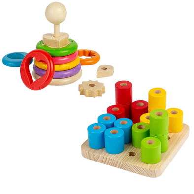 Wooden Secret Shape Stacker + Wobbly Peg Board
