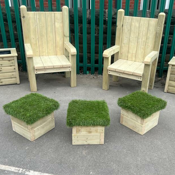Outdoor Story Telling Throne Chairs + Grass Seating Stools