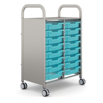 Callero® Gratnells Antimicrobial  Double Trolley - 16 x Shallow Trays Callero Shield Antimicrobial Double Trolley - Shallow Trays | School Trolley Storage | ee-supplies.co.uk