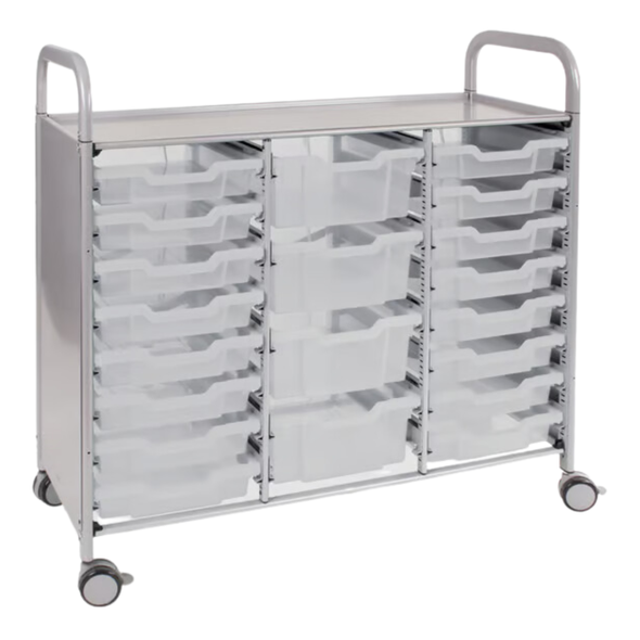 Callero® Gratnells Antimicrobial  Treble Trolley - 16 Shallow (F1) & 4 Deep (F2) Callero Shield Antimicrobial Treble Trolley - 16 Shallow (F1) & 4 Deep (F2) | School Trolley Storage | ee-supplies.co.uk