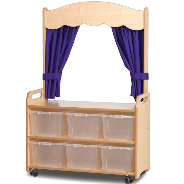 Playscapes  Mobile Tall Unit With Theatre Add-On + Trays & Baskets Playscape Theatre Mobile Storage Unit | Cloakroom | www.ee-supplies.co.uk