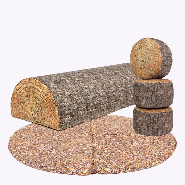 Eden Soft Play Bundle - Fold Bark Mat x 1 Log x 3 Tree Stumps Stools