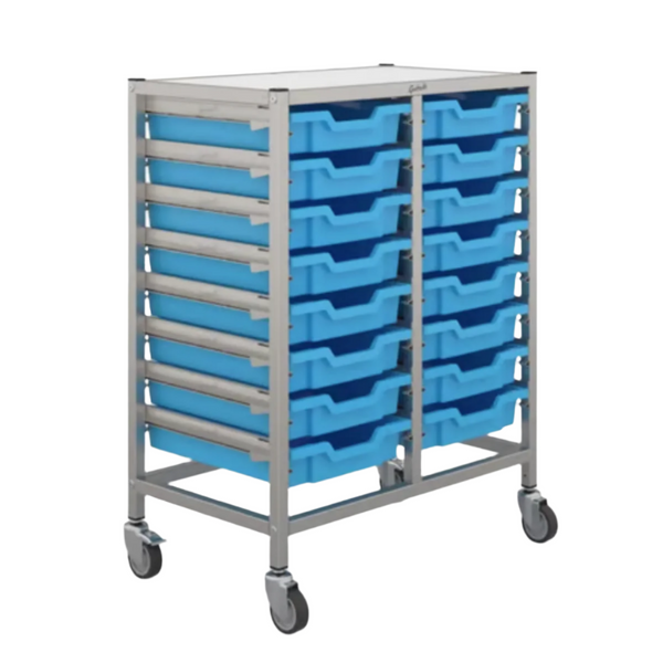 Gratnells 16 Shallow Tray Double Width Trolley - Silver Frame