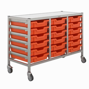 Gratnells 18 Shallow Low Tray Treble Width Trolley - Silver Frame Gratnells 18 Shallow Tray Treble Width Trolley | School Trolley Storage | www.ee-supplies.co.uk