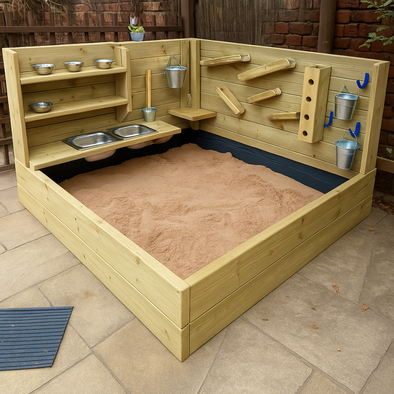 Wooden Outdoor Corner Play Wall + Sandpit Wooden Outdoor Corner Play Wall + Sandpit | www.ee-supplies.co.uk