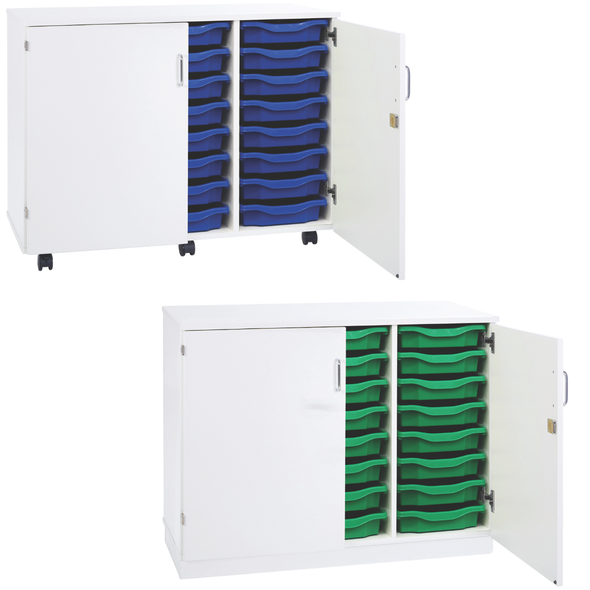 White Premium Cupboard With 24 Single Tray Unit- Mobile & Static Premium Cupboard Tray Storage | Grey White Cupboards | www.ee-supplies.co.uk