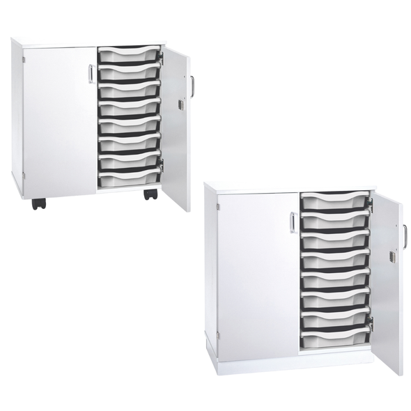 White Premium Cupboard With 8 Single Tray Unit- Mobile & Static Premium Cupboard Tray Storage | Grey White Cupboards | www.ee-supplies.co.uk