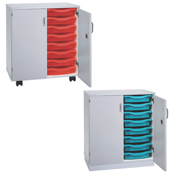 Grey Premium Cupboard With 16 Single Tray Unit- Mobile & Static Premium Cupboard Tray Storage | Grey White Cupboards | www.ee-supplies.co.uk