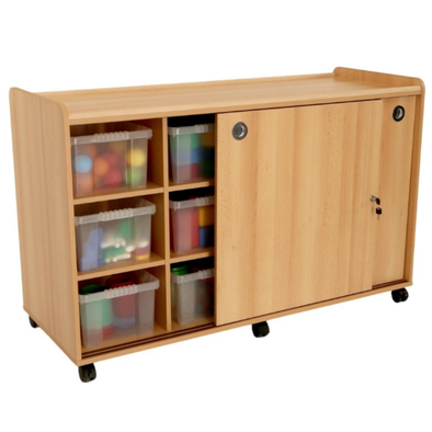 Mobile Sturdy Tray Storage Unit - 12 Deep & Clear Trays + Sliding Doors Safe & Sturdy Mobile Tray STorage | School tray storage | www.ee-supplies.co.uk