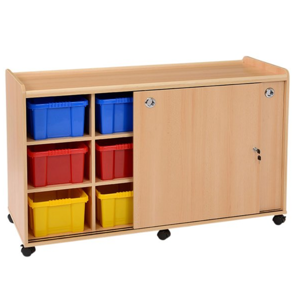 Mobile Sturdy Tray Storage Unit - 12 Deep & Coloured Trays + Sliding Doors Safe & Sturdy Mobile Tray STorage | School tray storage | www.ee-supplies.co.uk