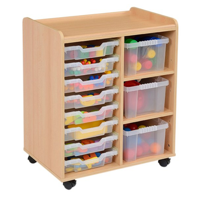 Mobile Sturdy Tray Storage Unit - 3 Deep & 8 Shallow Clear Trays Safe & Sturdy Mobile Tray STorage | School tray storage | www.ee-supplies.co.uk