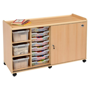 Mobile Sturdy Tray Storage Unit - 6 Deep & 16 Shallow Clear Trays + Sliding Doors Safe & Sturdy Mobile Tray STorage | School tray storage | www.ee-supplies.co.uk