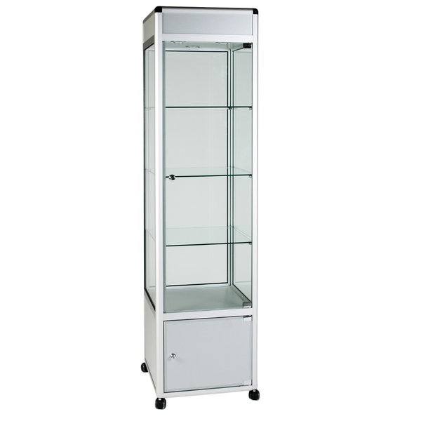 Safety Glass Aluminium Framed Showcase 500 x 500 x 1932mm + Cupboard + 3 Down Lights