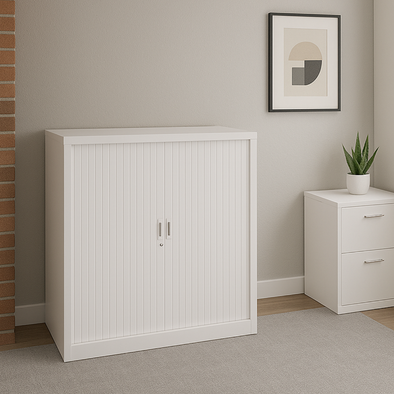 Tambour Open Steel Cupboards - White - H1050mm Tambour Cupboards | Cupboards | www.ee-supplies.co.uk