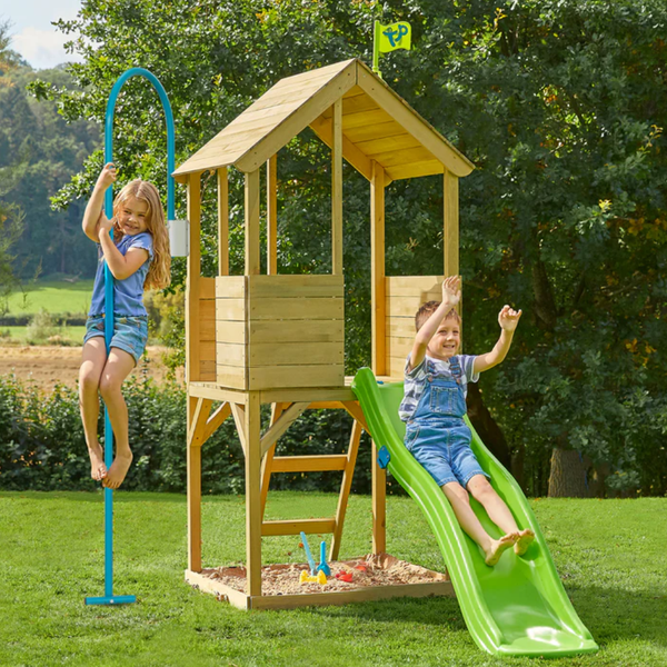 Treehouse Wooden Play Tower, With Wavy Slide Firemans Pole Fsc