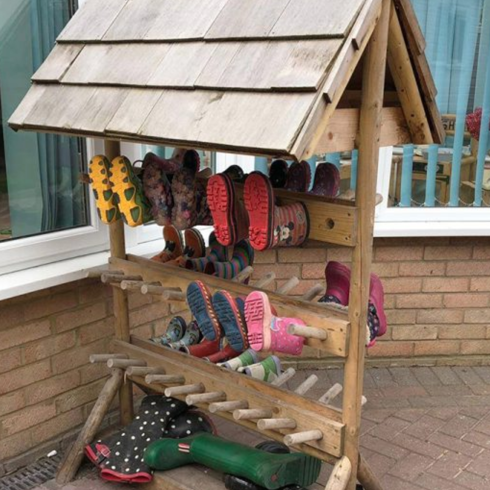 Pallet Welly Rack Wooden Welly Rack + Roof - Holds 30 Pairs | Educational Equipment Supplies