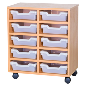Mobile Double Bay Cubby Tray Unit - 10 Shallow Trays 650mm High - Educational Equipment Supplies