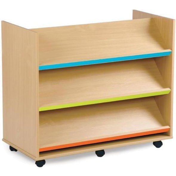 Library Unit with 3 Coloured Angled Shelves Each Side - Educational Equipment Supplies