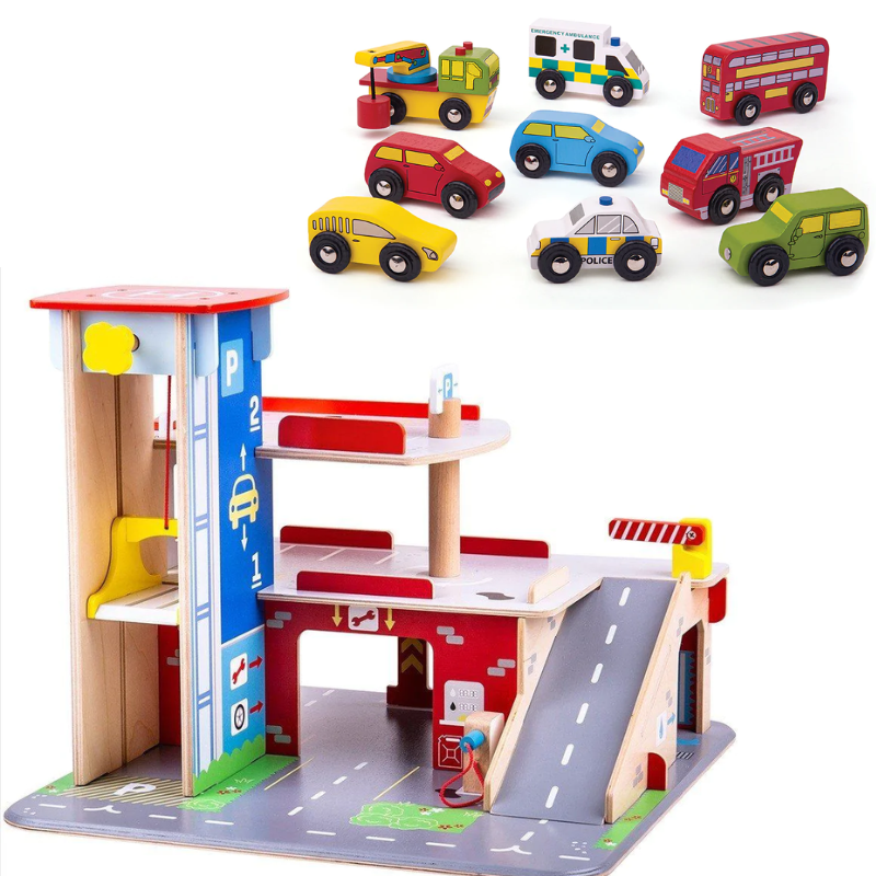 Children's Wooden Play Garage Auto Centre + Wooden Vehicles ...