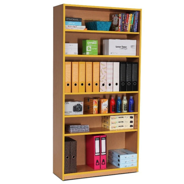 Coloured Edge Open Wooden Bookcase + 1 Fixed & 4 Adj Shelves - H180cm