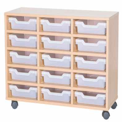 Mobile Triple Bay Cubby Tray Unit - 15 Shallow Trays 650mm High - Educational Equipment Supplies