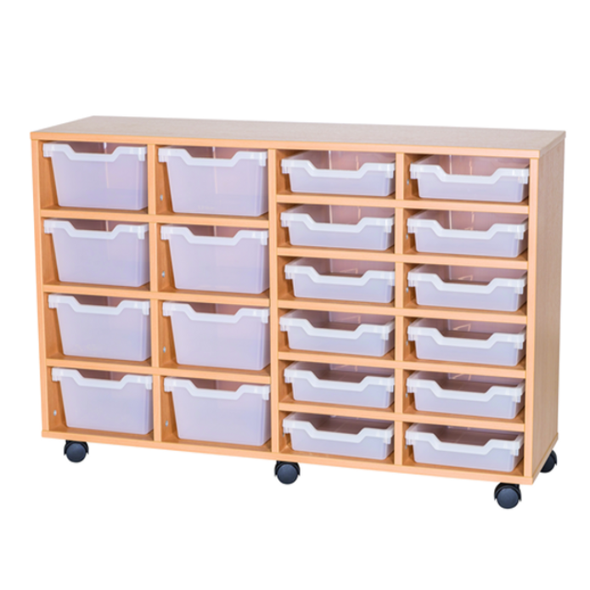Mobile Quad Bay Cubby Tray Unit - 8 Deep Trays 12 Shallow Trays 800mm High - Educational Equipment Supplies