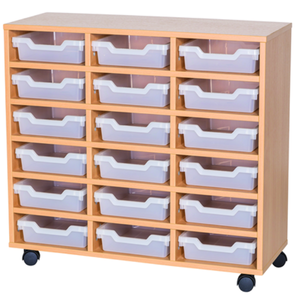 Mobile Triple Bay Cubby Tray Unit - 18 Shallow Trays 800mm High - Educational Equipment Supplies