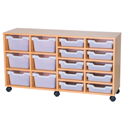 Mobile Quad Bay Cubby Tray Unit - 6 Deep Trays 10 Shallow Trays 650mm High - Educational Equipment Supplies