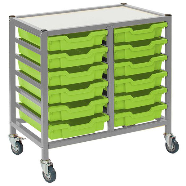 Gratnells 12 Shallow Low Tray Double Width Trolley - Silver Frame