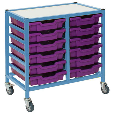 Gratnells 12 Shallow Low Tray Double Width Trolley - Powder Blue Frame - Educational Equipment Supplies