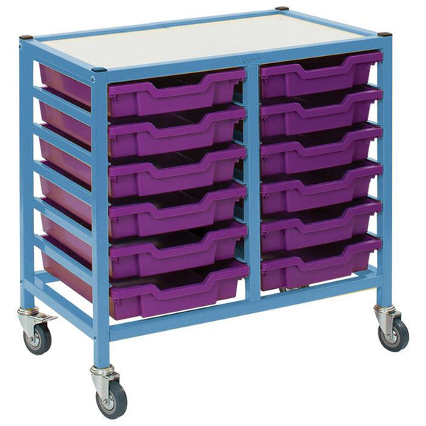 Gratnells 12 Shallow Low Tray Double Width Trolley - Powder Blue Frame