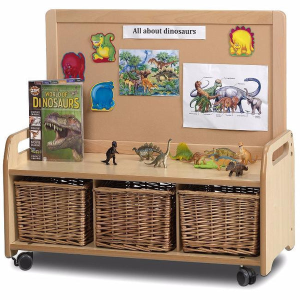 Playscapes Mobile Low Level Storage Unit & Cork Panel - 3 x Wicker Baskets