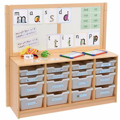 Rs Static Tray Storage Unit - 8 Deep & 8 Shallow Trays + Dry Wipe Backboard - Educational Equipment Supplies