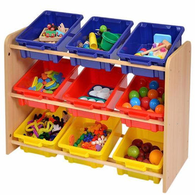 Rs Wooden Tray Tidy Store x 9 Plastic Trays - Educational Equipment Supplies