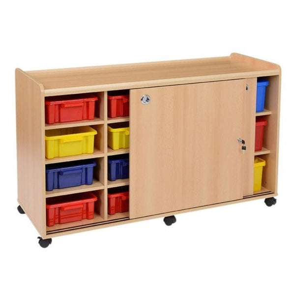 Mobile Safe & Sturdy Tray Unit - 6 Deep & 8 Shallow Coloured Trays + Sliding Doors - Educational Equipment Supplies