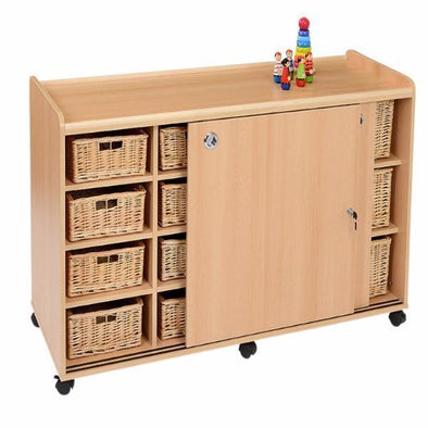 Mobile Safe & Sturdy Tray Unit - 6 Deep & 8 Shallow Wicker Trays + Sliding Doors - Educational Equipment Supplies