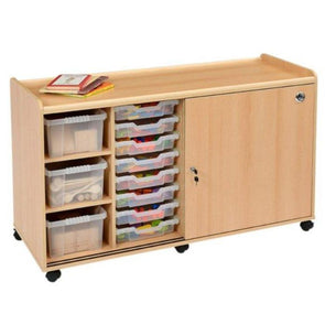 Mobile Safe & Sturdy Tray Unit - 6 Deep & 16 Shallow Clear Trays + Sliding Doors - Educational Equipment Supplies