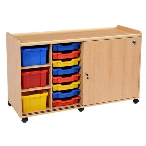 Mobile Safe & Sturdy Tray Unit - 6 Deep & 16 Shallow Colour Trays + Sliding Doors - Educational Equipment Supplies