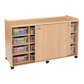 Mobile Safe & Sturdy Tray Unit - 6 Deep & 8 Shallow Clear Trays + Sliding Doors - Educational Equipment Supplies