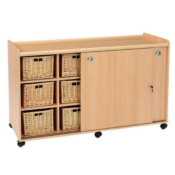 Mobile Safe & Sturdy Tray Unit - 12 Deep  Wicker Trays + Sliding Doors - Educational Equipment Supplies