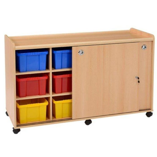 Mobile Sturdy Tray Storage Unit - 12 Deep & Coloured Trays + Sliding Doors