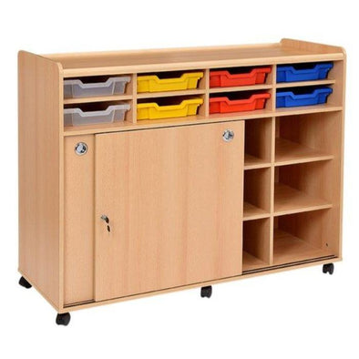 Mobile Safe & Sturdy Tray Unit - 8 Shallow Asst Coloured Trays + Sliding Doors - Educational Equipment Supplies