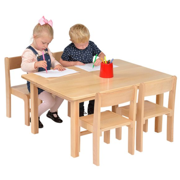 Solid Beech Rectangular Table  W96 x D69 x H40cm & 21cm Stacking Chairs x 4 Solid Beech Nursery Table & Chairs | Seating | www.ee-supplies.co.uk